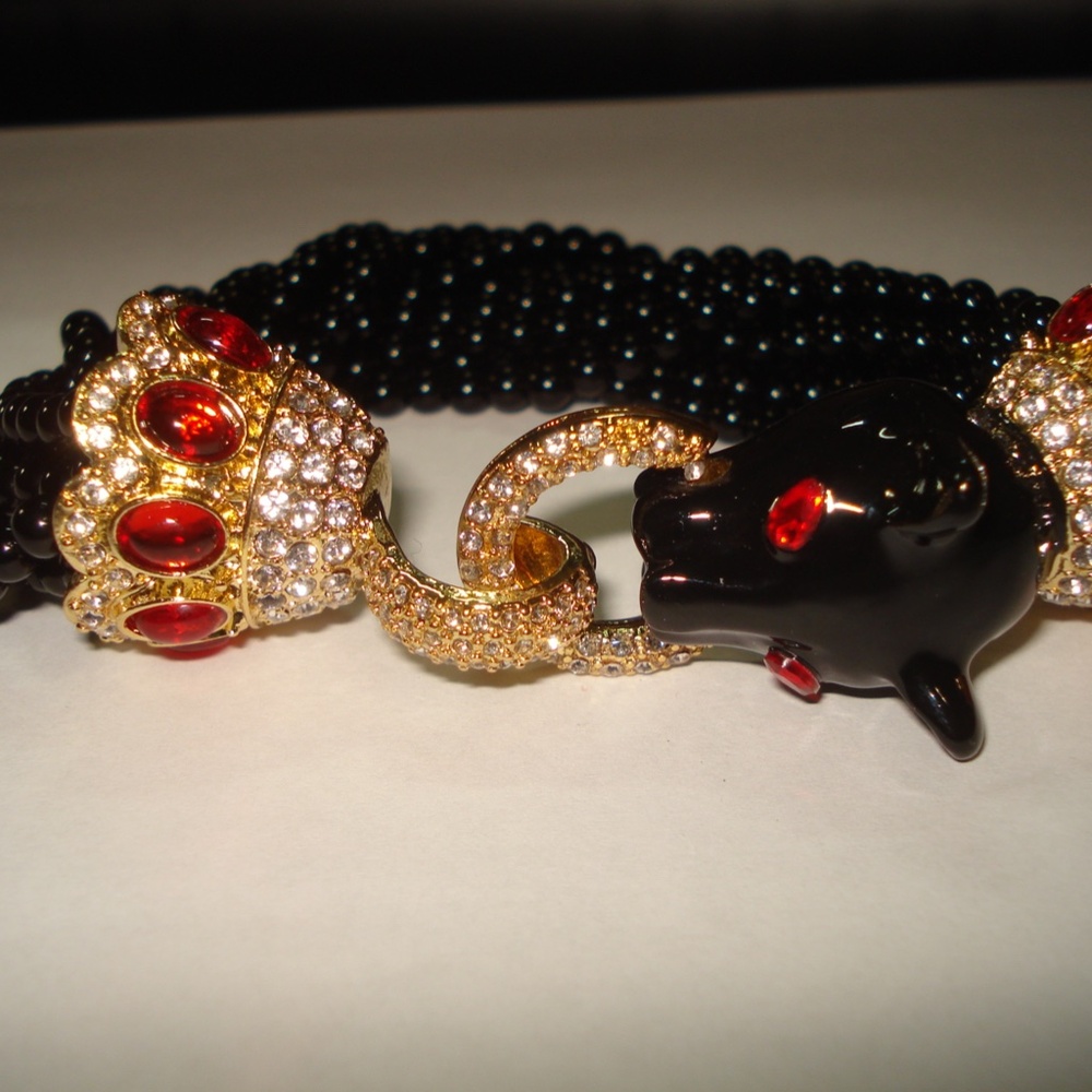 Gold Tone Enamel Rhinestone Black Glass 10 Strand Jaguar Bracelet  8.5"